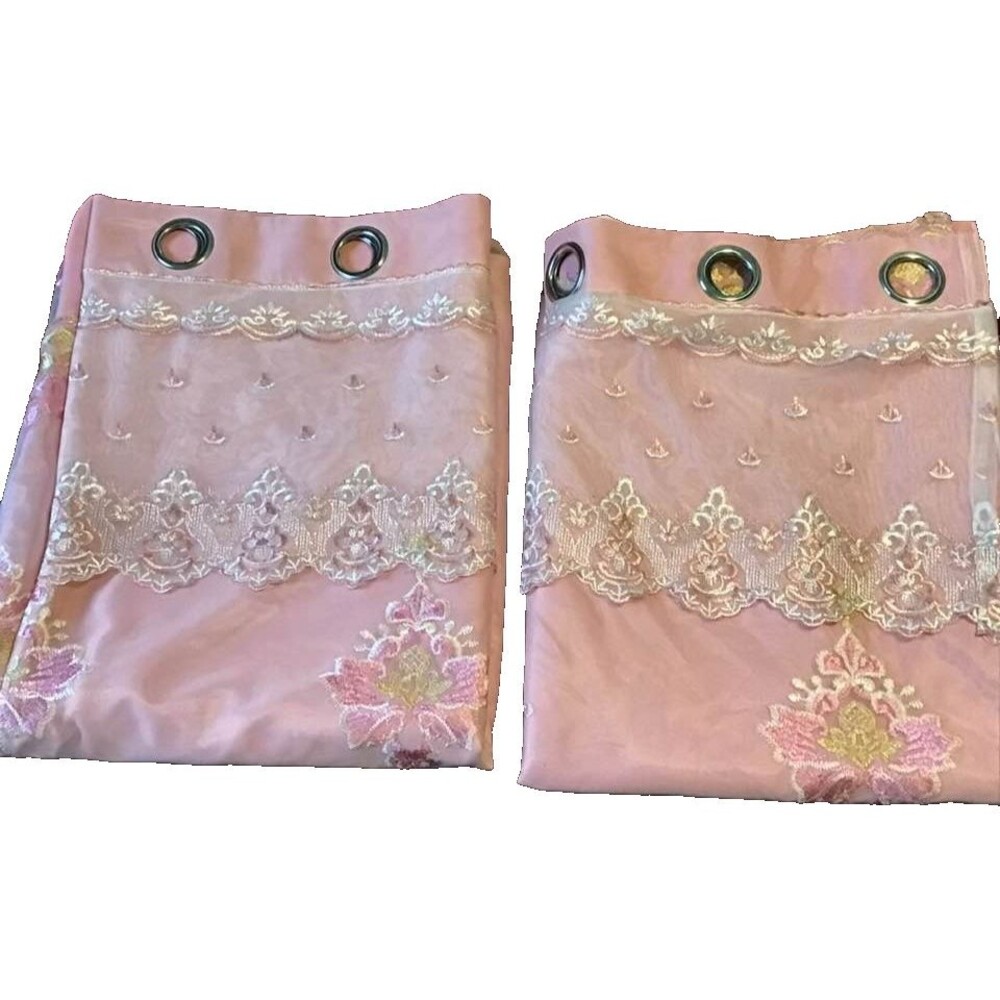 Pair Curtain Panels Pink Sheer Organza Grommets Embroidered Layered Gold 84 x 64